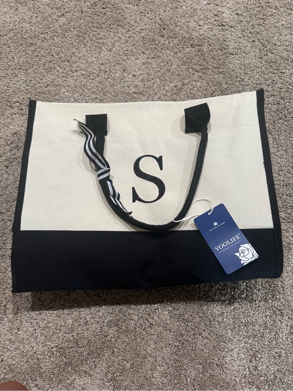 Black & White Canvas Tote Bag with S Monogram - Picture 2 of 6